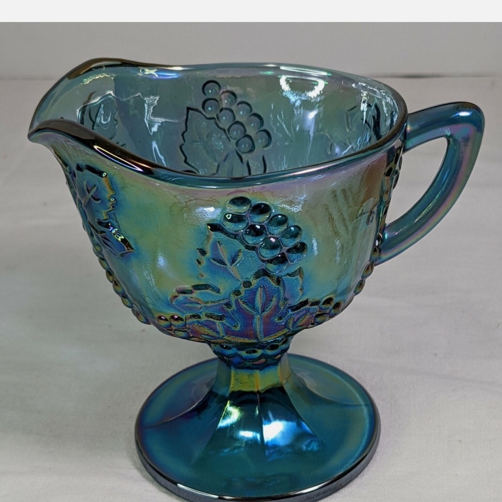 Vtg, Indiana Blue Carnival Glass Pedestal Creamer Harvest Grapes Iradescent